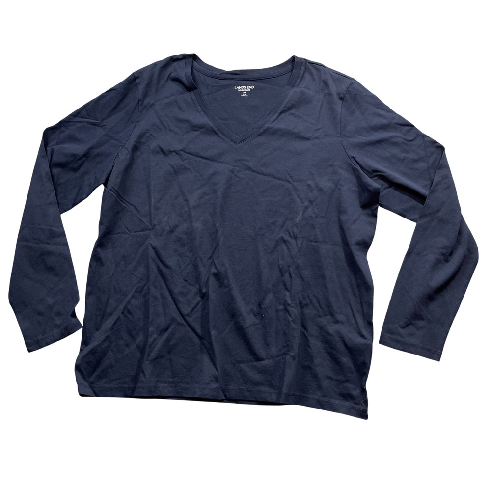 Land's End Large 14-16 Navy V‎ Neck Relaxed Fit 100% Supima Cotton Long Sleeve